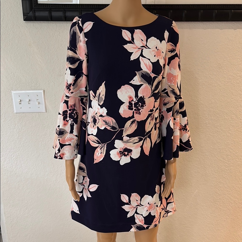 Eliza J Blue and Pink Sheath Dress with Bell Sleeves